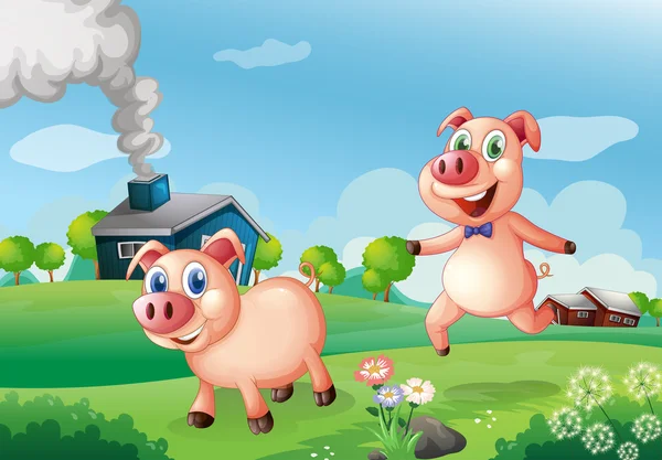 Deux cochons heureux à la ferme — Image vectorielle