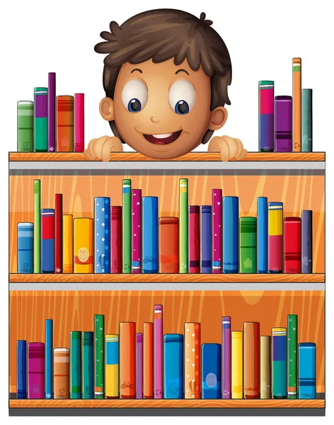 A boy at the back of a wooden shelves with books — Stock Vector