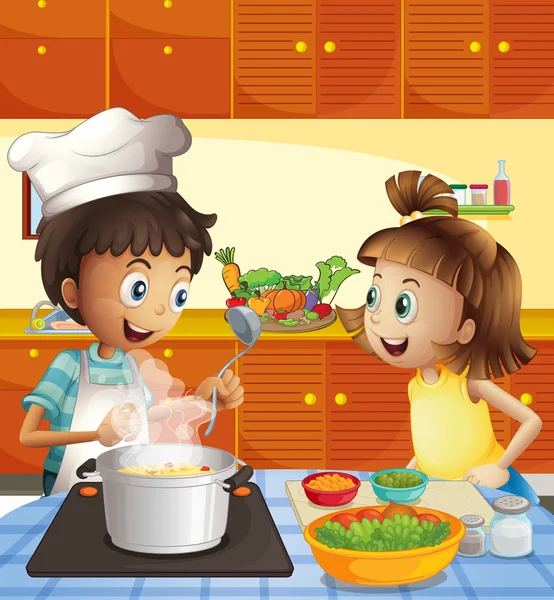 Niños cocinando en la cocina — Vector de stock