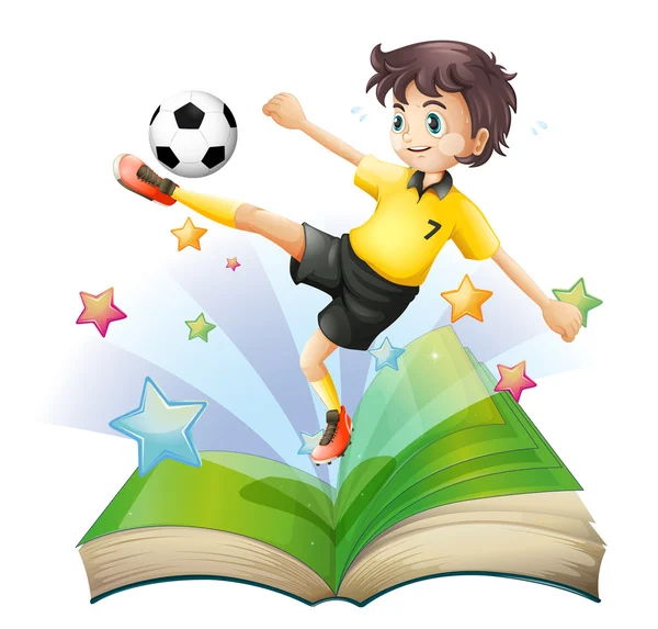 Un livre ouvert avec une image d'un joueur de football — Image vectorielle