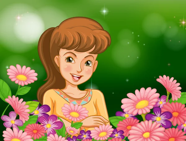 Ein lächelndes Mädchen im Garten mit Blumen — Stockvektor