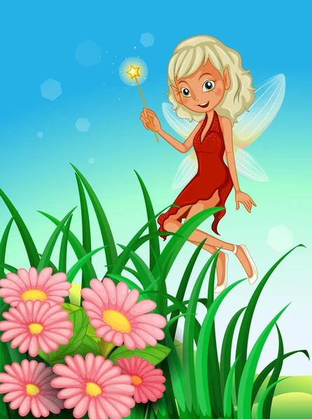 A fairy holding a wand near the garden with flowers — Stock Vector