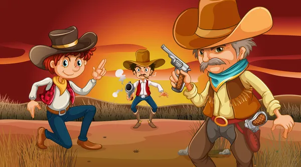 Tres vaqueros aterradores en el desierto — Vector de stock