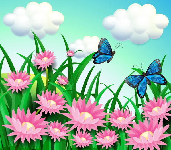Butterflies at the garden with pink flowers — Stock Vector