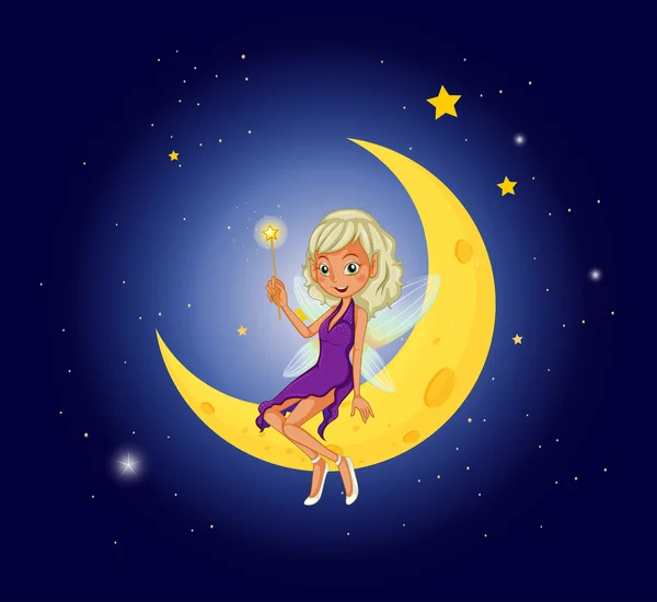 A fairy holding a wand sitting at the moon — Stock Vector