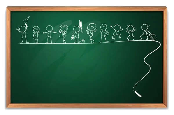 A chalkboard with a drawing of kids playing different sports — Stock Vector