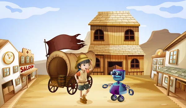 A robot and a girl near the wagon — Stock Vector