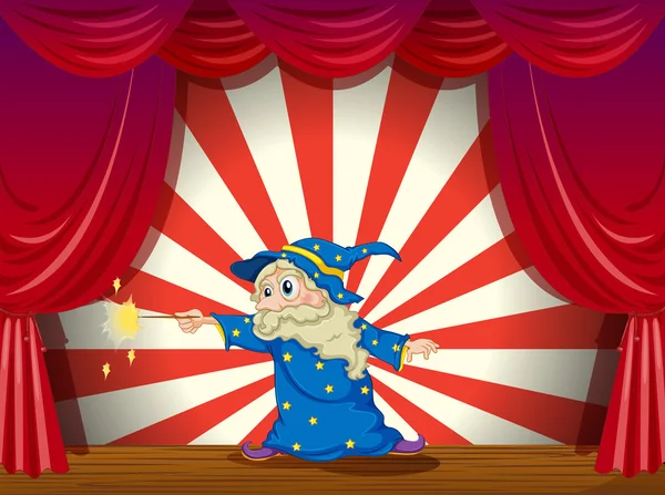 Un magicien avec une baguette au milieu de la scène — Image vectorielle