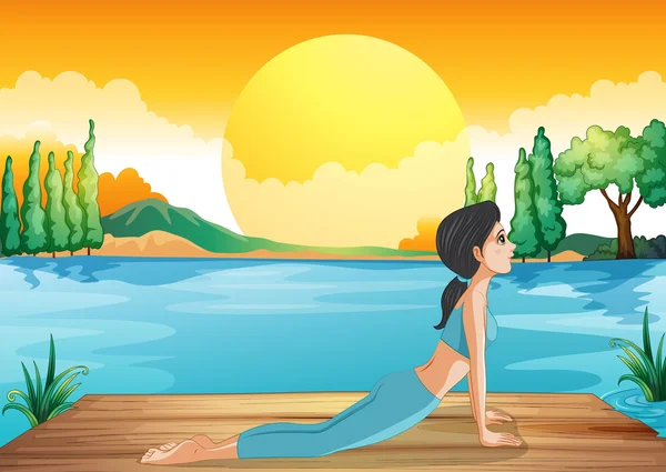 A girl performing yoga along the river — Stock Vector