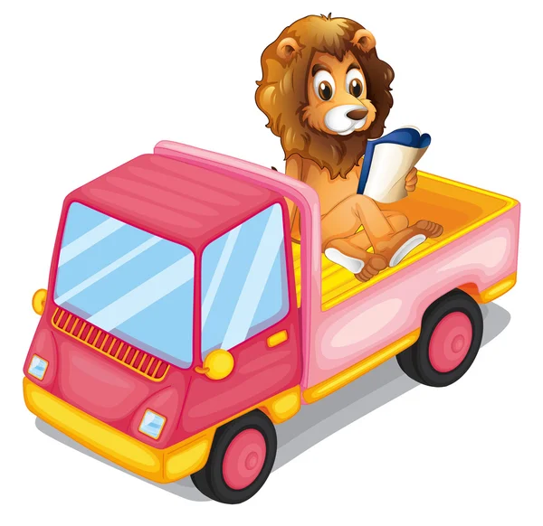 Um leão lendo um livro na traseira de um caminhão —  Vetores de Stock