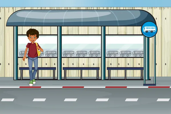 Ένα αγόρι στη στάση του λεωφορείου — Διανυσματικό Αρχείο