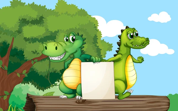 Crocodilos no topo de um tronco segurando uma placa vazia — Vetor de Stock