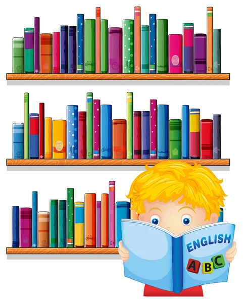 A boy reading with a wooden shelves at the back — Stock Vector