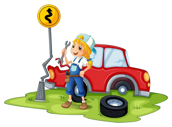 A female mechanic fixing the red broken car — Stock Vector