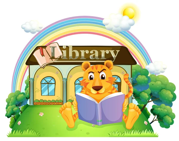 A tiger reading a book outside the library — Stock Vector