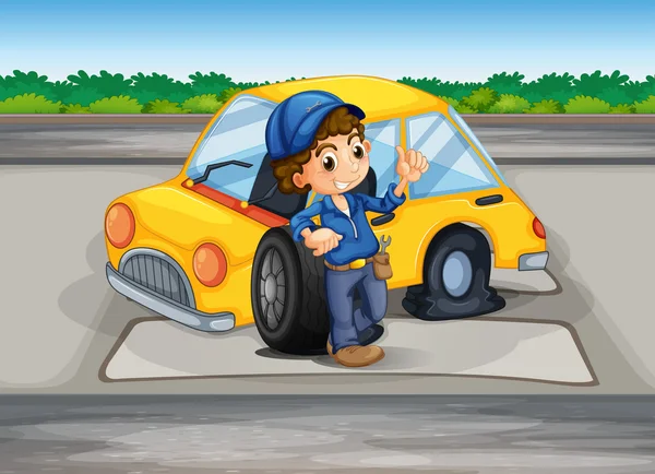 Un chico reparando el coche dañado — Vector de stock