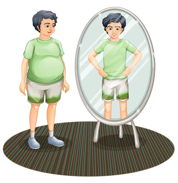 A fat man outside the mirror and a skinny man inside the mirror — Stock Vector