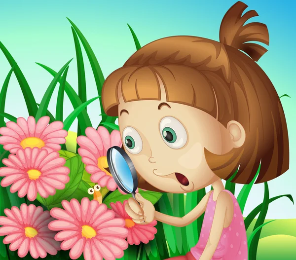 Bir büyüteç kullanarak garden adlı bir kız — Stok Vektör