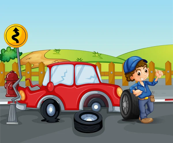 A car accident near the wooden fence Stock Illustration