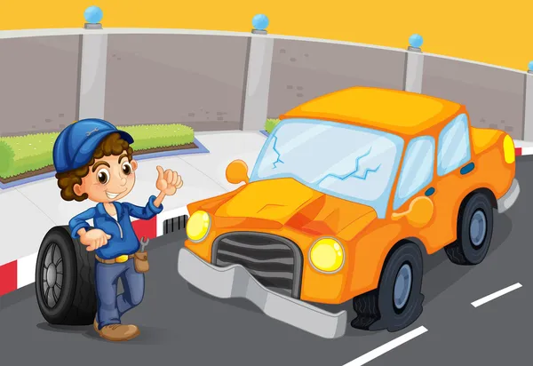 An orange car at the road with a flat tire Royalty Free Stock Illustrations