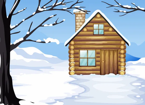 A wooden house in a snowy season Stock Vector