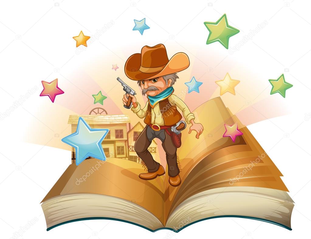 An open book with an armed cowboy