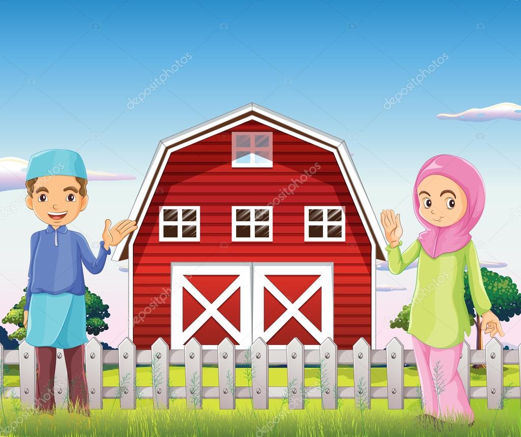 A male and a female muslim in front of a barnhouse