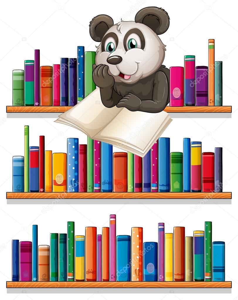 A panda reading above the wooden shelf with books