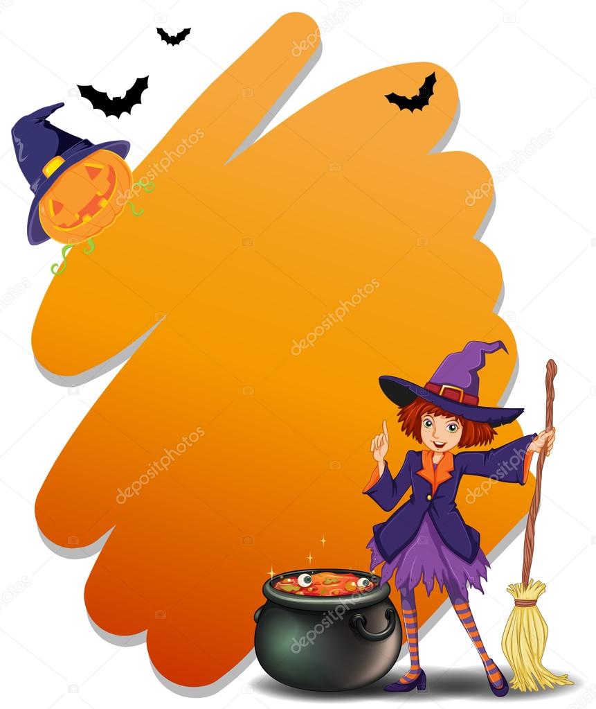 A witch holding a broomstick beside her magical pot