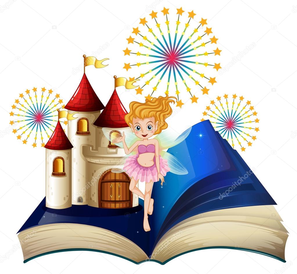 A storybook with a fairy, a castle and fireworks