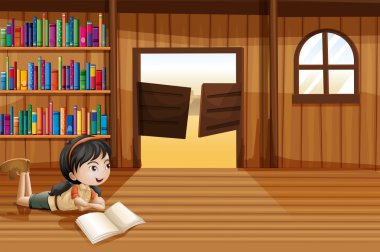 bir kız ile bir swingdoor kütüphanede kitap okuma