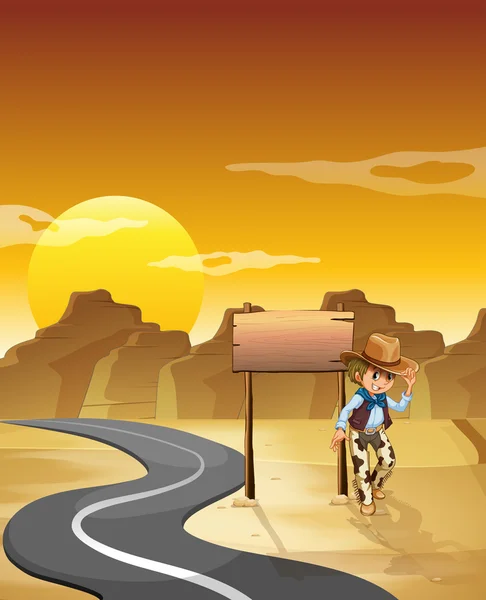 A cowboy at the desert with an empty signage — Stock Vector