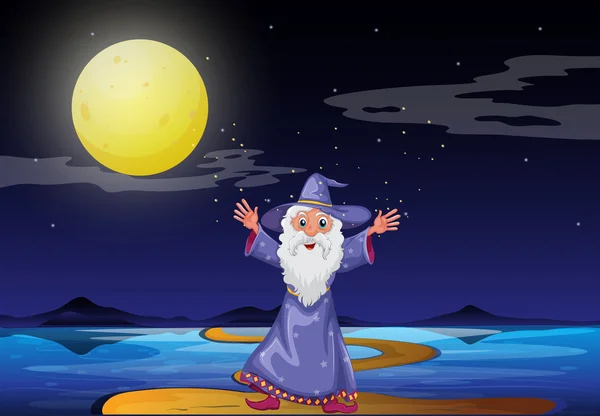 A wizard under the bright fullmoon — Stock Vector