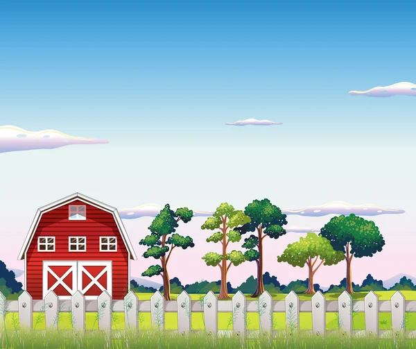 Une grange rouge à l'intérieur de la clôture — Image vectorielle