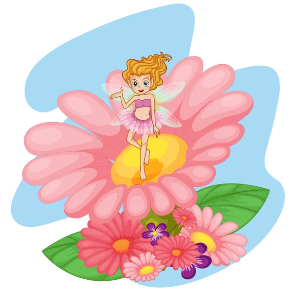 A flower pixie above a big pink flower — Stock Vector