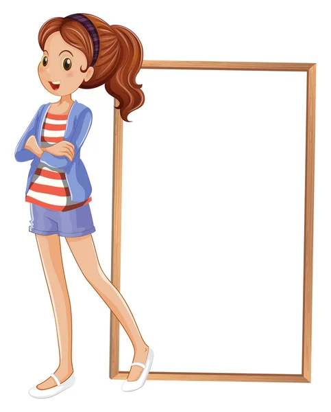 A girl beside an empty rectangular frame — Stock Vector