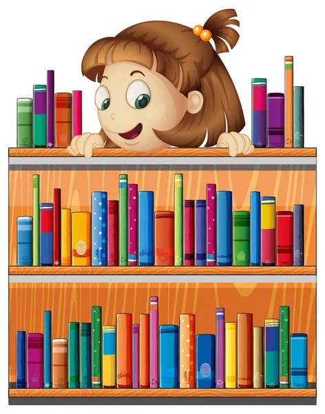 A playful young girl in the library — Stock Vector