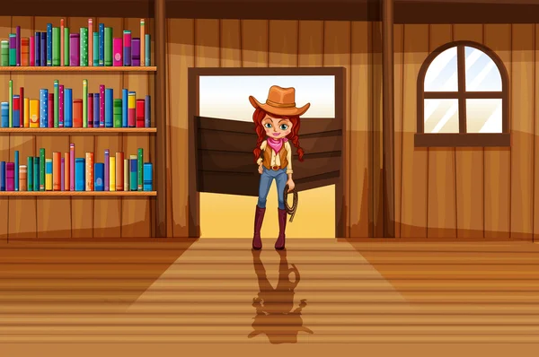 A cowgirl holding a rope beside the three wooden shelves with bo — Stock Vector
