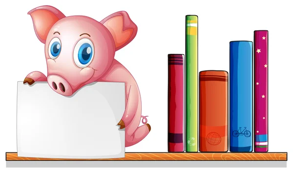 A pig above a shelf holding an empty signboard — Stock Vector