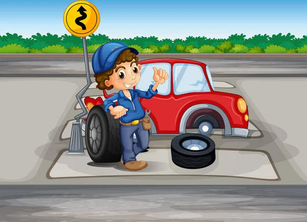 Un chico reparando un coche en el carril peatonal — Vector de stock