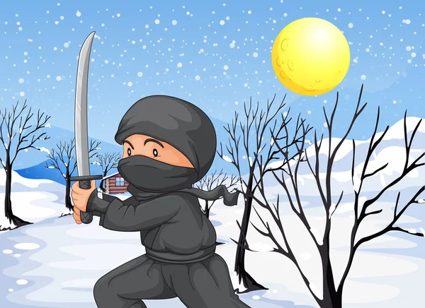 A ninja with a sword in the snow — Stock Vector