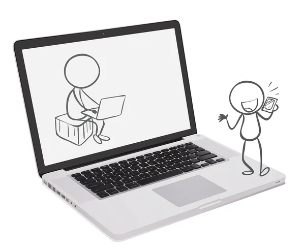 Een laptop met een afbeelding van twee jongens spelen verschillende gadgets — Stockvector