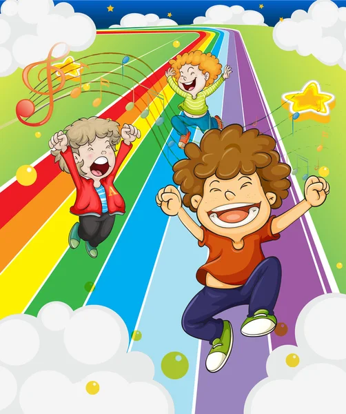 Niños felices en el colorido camino — Vector de stock