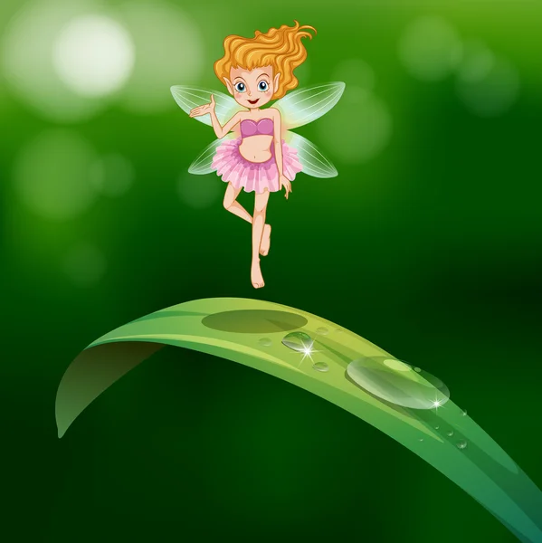 A beautiful fairy above an elongated green leaf — Stock Vector