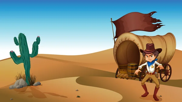 Um cowboy com uma carruagem no deserto — Vetor de Stock