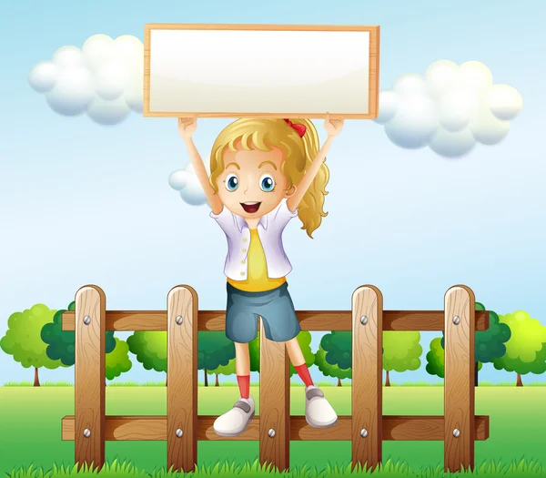 Une fille tenant un cadre vide debout au-dessus de la clôture — Image vectorielle