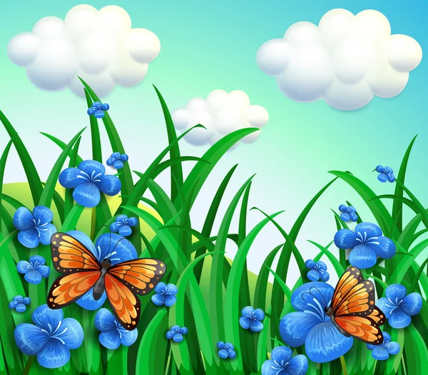 A garden with blue flowers and orange butterflies — Stock Vector