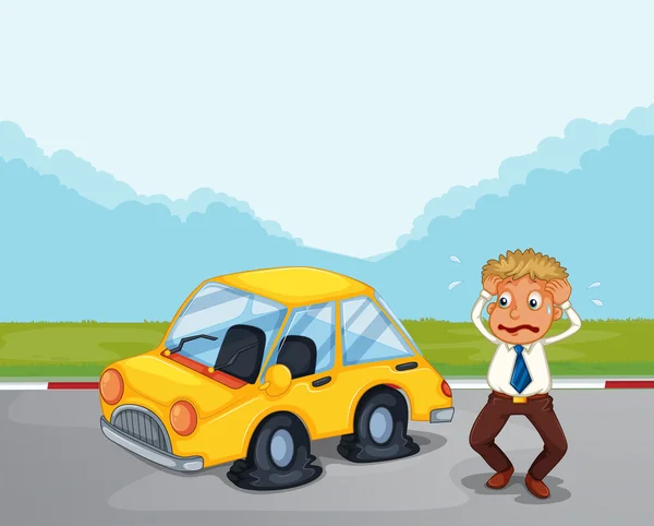 Um cavalheiro preocupado ao lado de seu carro com pneus furados — Vetor de Stock