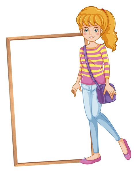 A girl beside a framed signboard with a purple slingbag — Stock Vector