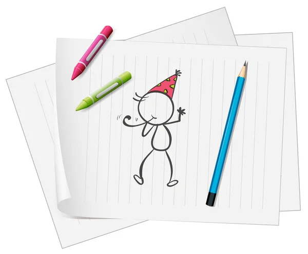 Un foglio con uno schizzo di una persona con pastelli e una matita — Vettoriale Stock